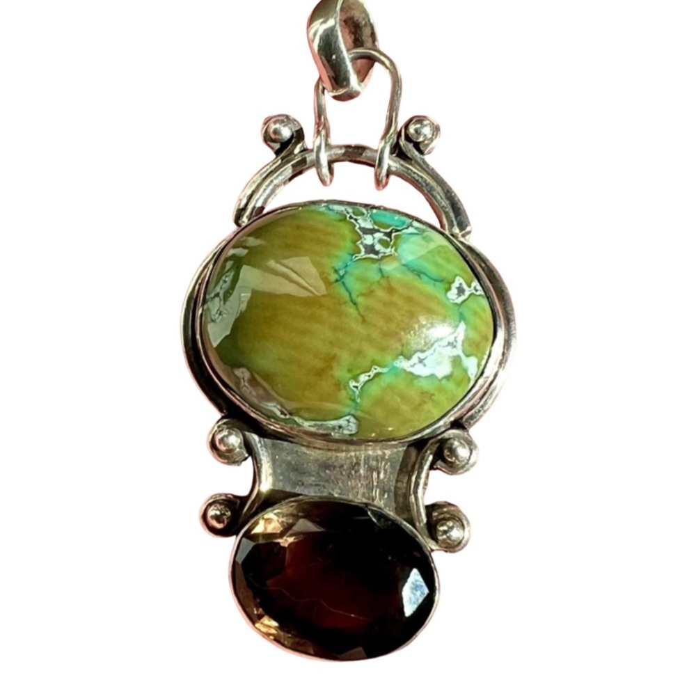 Sterling Silver Hubei Bamboo Mountain Turquoise Smoky Quartz Pendant 925 Artisan
